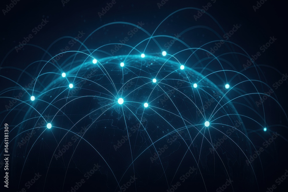 Fototapeta premium Network nodes connecting across a digital globe glowing lines representing data flow