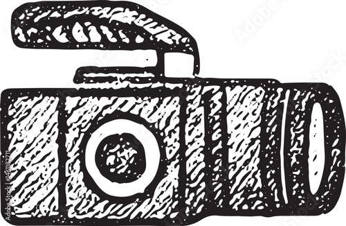 Hand-drawn sketch of a vintage handycam with lens and handle, monochrome style, perfect for video, retro, or creative themes, classic illustration