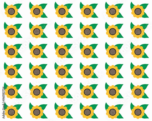 Seamless pattern of sunflowers with green leaves on a white background.