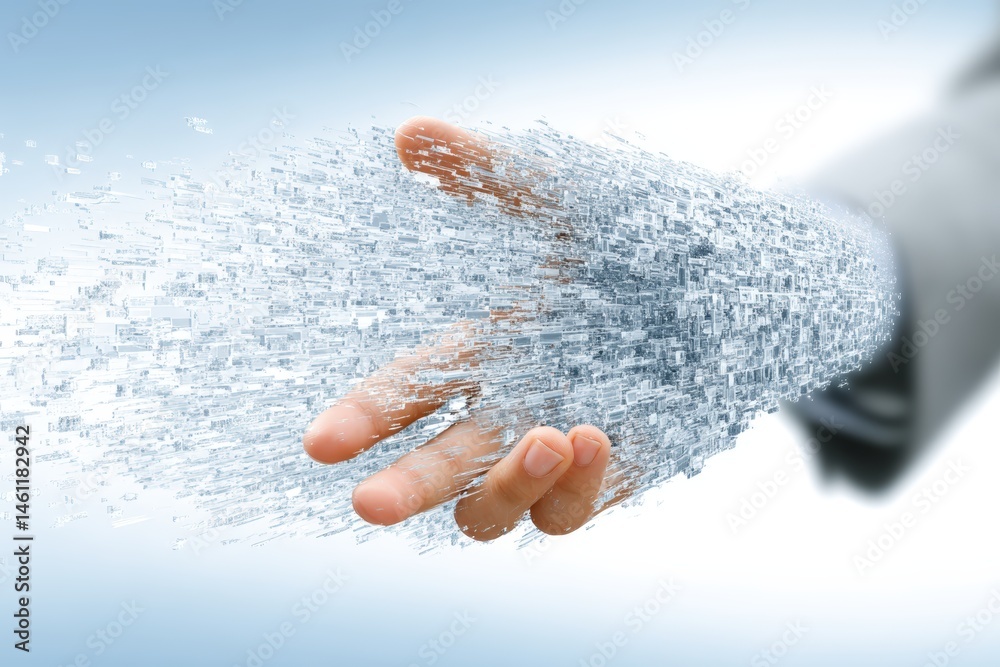 Fototapeta premium Futuristic hand dispersing particles in a digital manner.