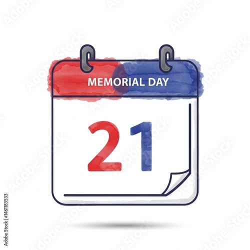 A calendar page with red and blue colors marks Memorial Day on the 21st.
