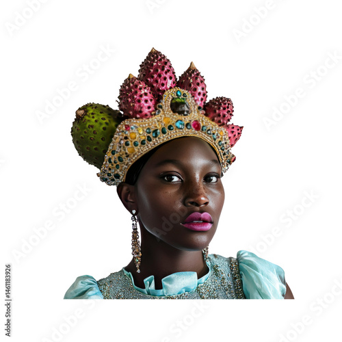 Majestic Portrait of a Black Woman Adorned with a Fruit and Jewel Crown