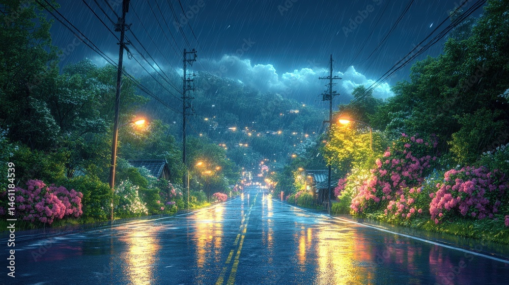 Naklejka premium Rainy road with bright streetlights. Green hills and pink flowers border the street