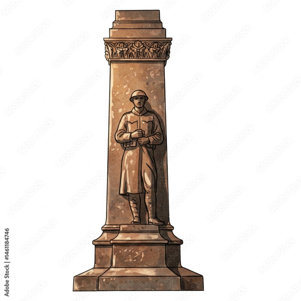 Obraz premium A tall stone war memorial featuring a soldier statue is depicted against a plain white background.
