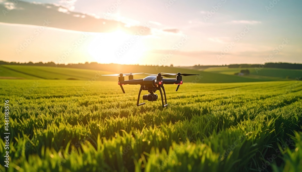 Drone Over Green Field at Sunset Drone Over Green Field at Sunset
