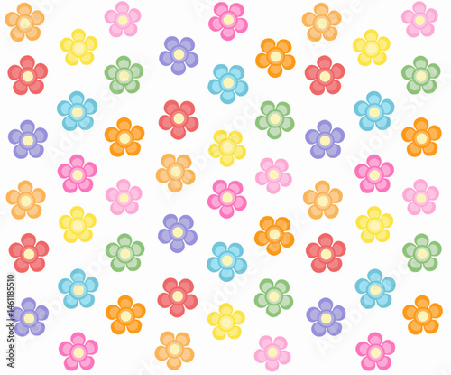 Seamless colorful floral pattern with cartoon flowers  in orange, red, yellow, green, pink, blue, and purple on white background. 