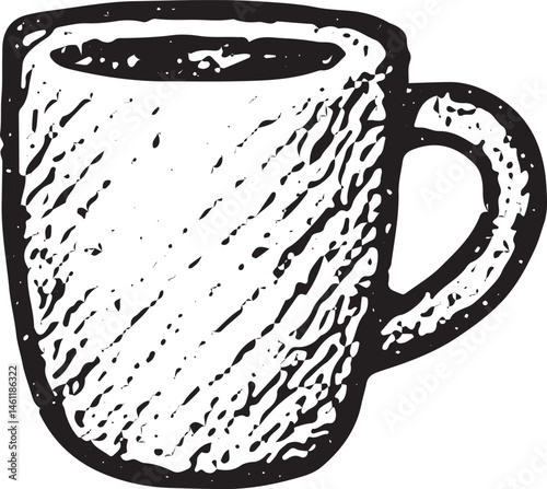 Hand-drawn sketch of a simple mug with handle, monochrome style, ideal for coffee, tea, or kitchen themes, perfect for cozy or vintage designs, classic illustration
