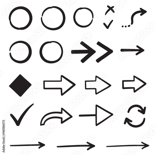 Circle frame and arrow check marks hand drawn designs in silhouette style for creative use
