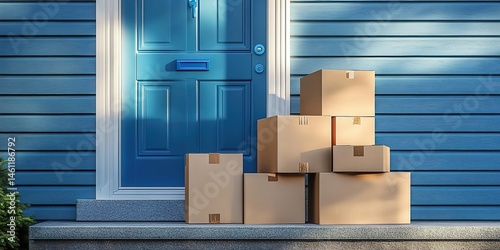 Multiple cardboard boxes stacked in front of a blue door on a blue wall, symbolizing a delivery scene.