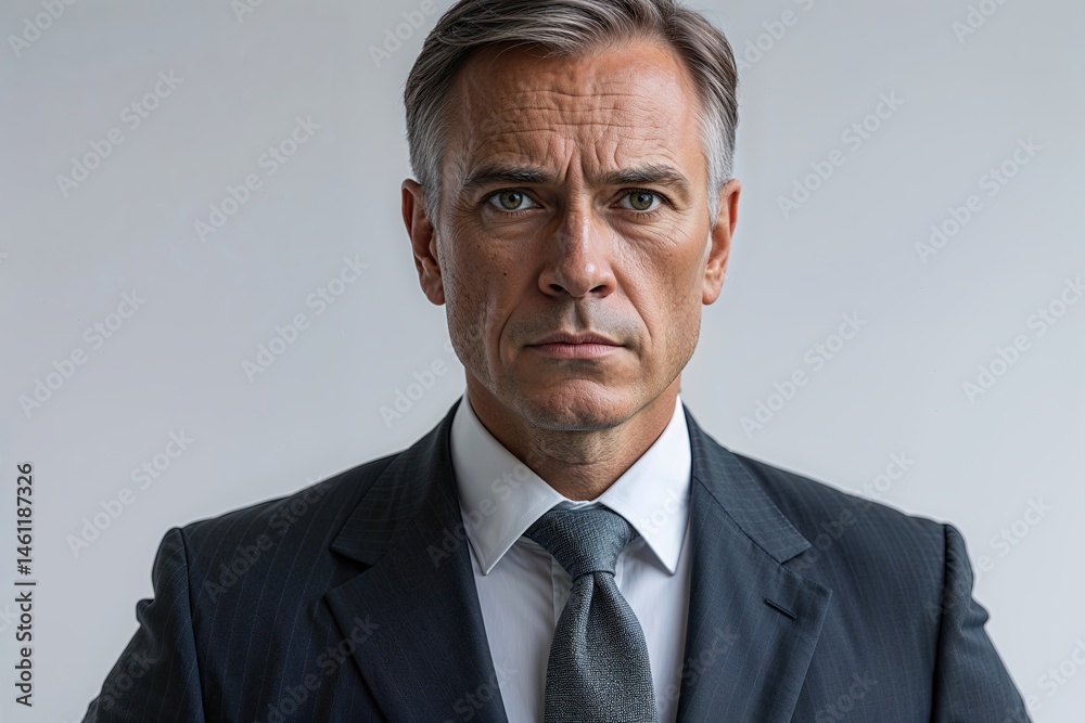 Middle-Aged Executive Man in Suit with Serious Gaze Against White Background Middle-Aged Executive Man in Suit with Serious Gaze Against White Background
