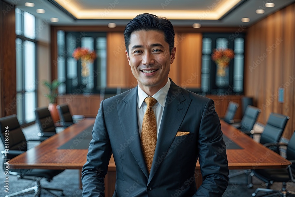 Fototapeta premium Distinguished Asian Entrepreneur in Smart Suit with Engaging Smile in Corporate Meeting Room