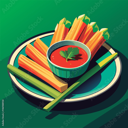 Appetizing celery sticks with dipping sauce.
