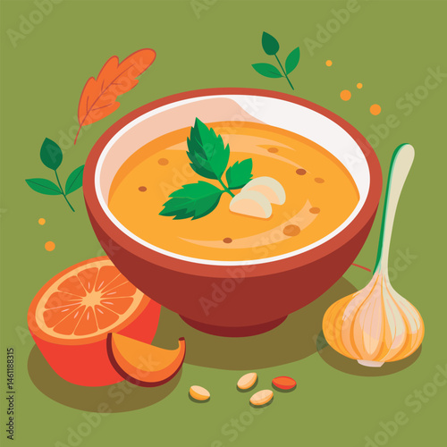 Hearty autumn soup with garnish.