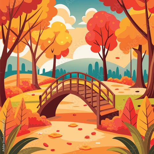 Vector illustration of a Autumnal park bridge scene.
