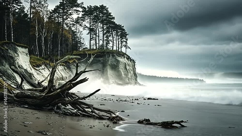 Coastal landscape with eroded cliff and driftwood.