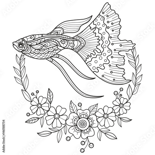 Fish and beautiful flowers hand drawn for adult coloring book