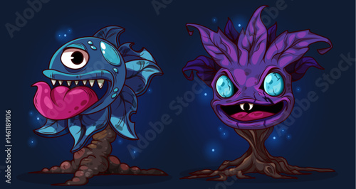 Scary cartoon plant monsters - bizarre toothy blue creature and spooky purple tree demon with glowing eyes. Creepy fantasy characters or game mascots, unusual flora and fauna with glowing particles.