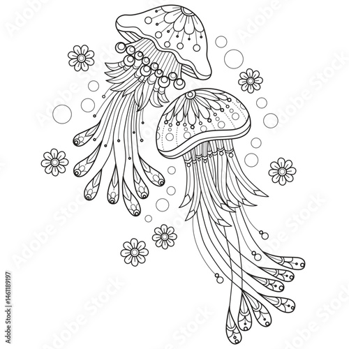 Jellyfish in the sea hand drawn for adult coloring book