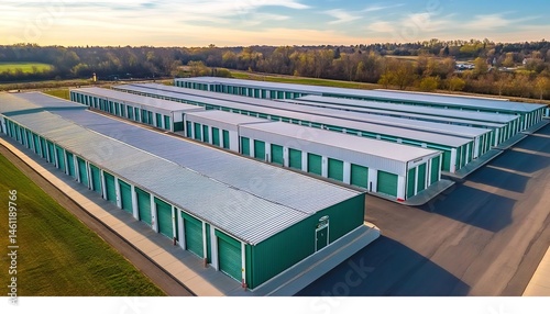 Aerial view of green and white self-storage buildings surrounded by trees under clear sky.