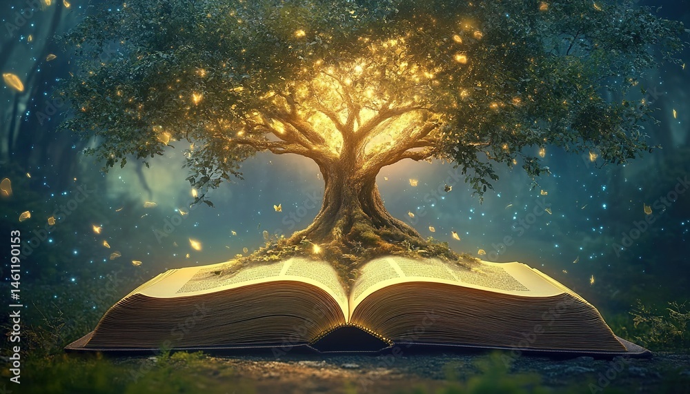 Naklejka premium Ancient book on mossy forest floor with glowing tree, butterflies, and magical ambiance.
