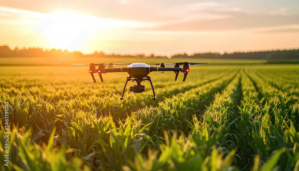 Drone Flying Over Field at Sunset Drone Flying Over Field at Sunset