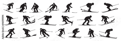 Set of four ski silhouettes featuring skier in action poses, isolated black vector on white background  