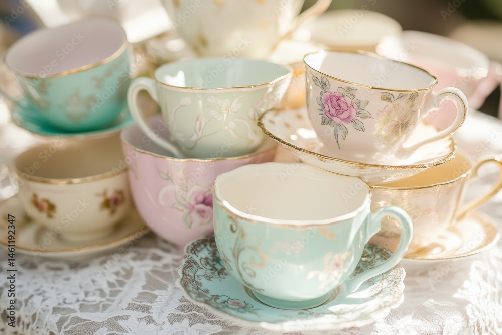Fototapeta premium Vintage porcelain tea cups with floral patterns and delicate designs