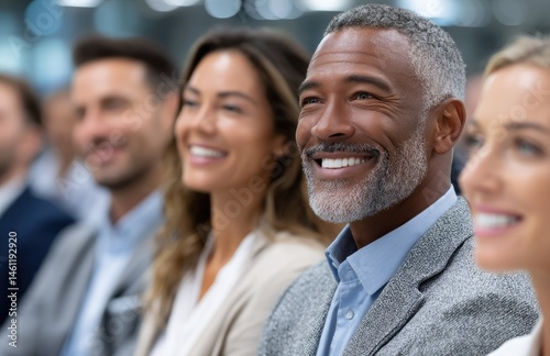 a diverse group of business people sitting in chairs and listening to a presentation, with a modern office background