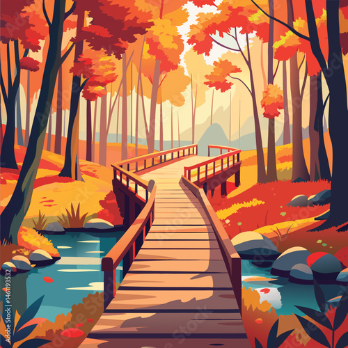Autumnal wooden bridge through the forest.