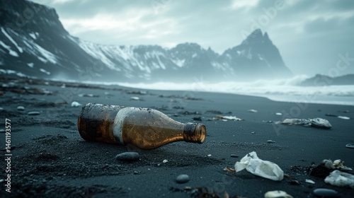 A weathered glass bottle lies on a black sand beach, surrounded by rocky cliffs and crashing waves