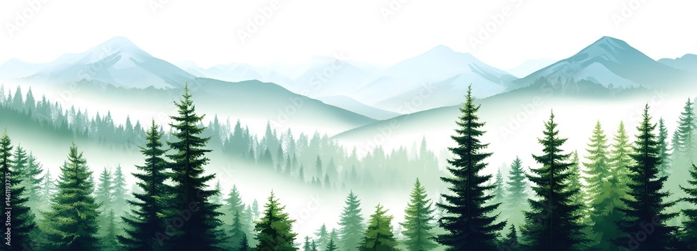 Fototapeta premium A blue-green toned mountain forest painting with pine trees, mist, and distant peaks.