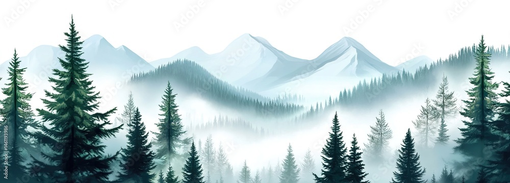 Fototapeta premium A blue-green toned mountain forest painting with pine trees, mist, and distant peaks.