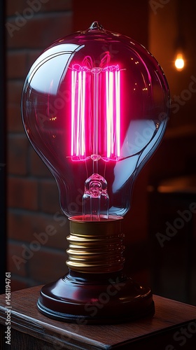 Intriguing antique style incandescent bulb with vibrant pink glow.