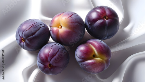 A Quintet of Ripe Plums Displaying Their Rich Colors and Delicate Bloom on Soft White Fabric
