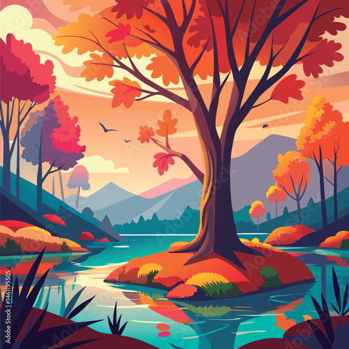 Autumnal landscape by a serene lake.