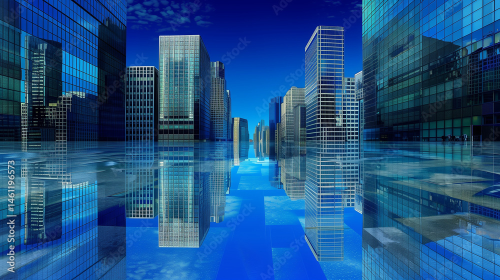 Futuristic cityscape with mirrored skyscrapers and digital reflections in a modern urban environment Futuristic cityscape with mirrored skyscrapers and digital reflections in a modern urban environment