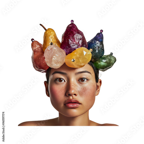 Woman Adorned with Colorful Gemstone Pear Headpiece