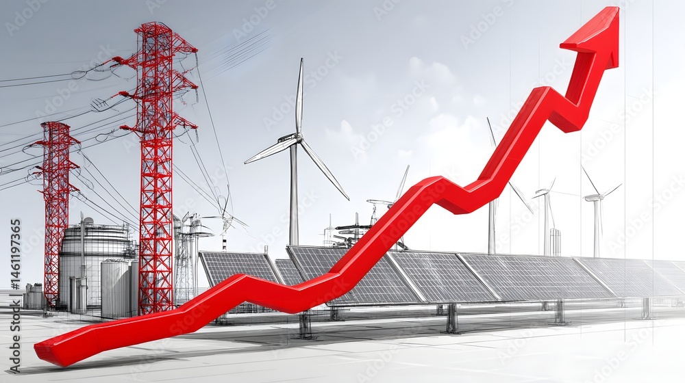 Fototapeta premium A conceptual image features a graph with rising energy costs represented by an upward arrow, juxtaposed with symbols of renewable energy sources like wind turbines and solar panels. The background is