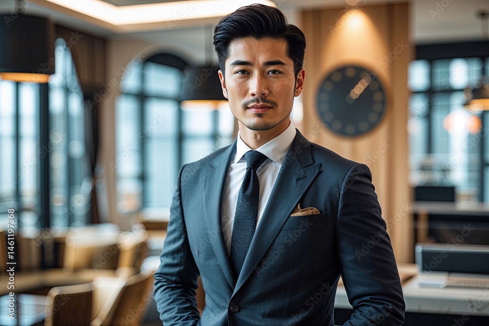 Naklejka premium Stylish Asian Entrepreneur in Trendy Suit Representing Youthful Business Ambition in Modern Setting