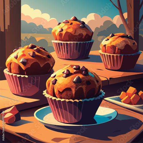 Delicious chocolate chip muffins on a table.