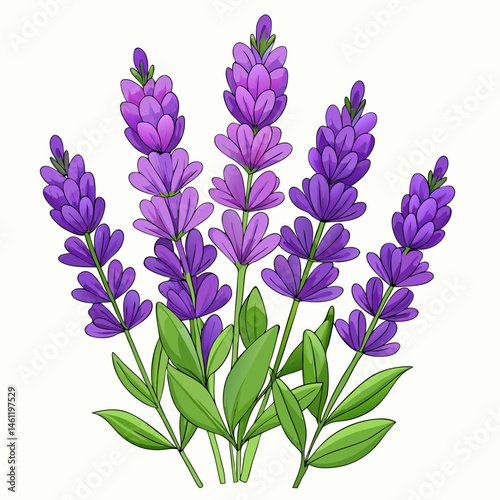 A vector illustration of lavender flowers with purple petals and green stems, isolated on a white background