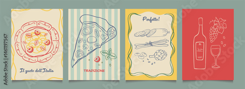 Italian food posters design. Trendy hand drawn art.  Mediterranean eat. Retro vector illustration of pasta, pizza, wine, salami, tomato etc. Graphic  for  interior, restaurant, kitchen, cafe, menu.