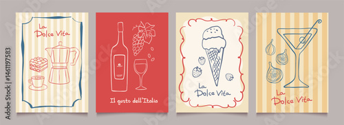 Italian food posters design. Trendy hand drawn art.  Mediterranean eat. Retro vector illustration of espresso, tiramisu, wine, gelato, martini etc. Graphic  for  interior,  kitchen, cafe, menu.
