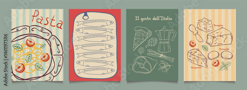Italian food posters design. Trendy hand drawn art.  Mediterranean eat. Retro vector illustration of pasta, sardine, pizza, prosciutto, cheese etc. Graphic  for  interior,  kitchen, cafe, menu.