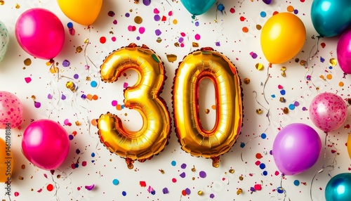 Wallpaper Mural Golden 30 Number Balloons With Colorful Balloons And Confetti For 30th Birthday Celebration Torontodigital.ca