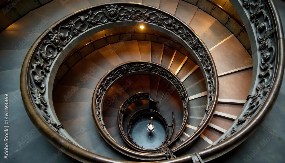 Obraz premium Elegant spiral staircase, wrought iron, ornate details, interior, old, winding