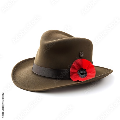 Olive drab slouch hat with red poppy flower isolated on white background