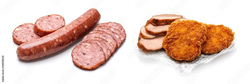Obraz premium Sliced Sausage and Breaded Chicken