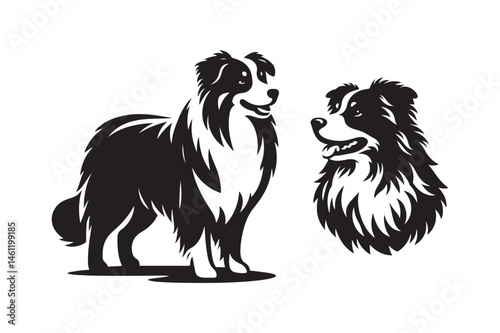cute austratian shephered puppy dog animal  silhouette vector art icon design illustrations