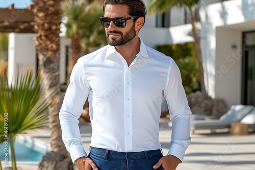 Stylish man in a crisp white shirt and dark pants outdoors.